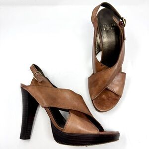Stuart Weitzman Brown Criss Cross Leather Open Toe Women's Platform Heels